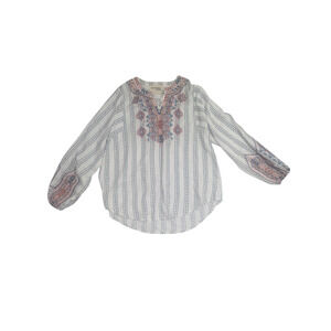 Savanna Jane Womens L Boho Embroidered Top Blue White Peasant Tassel Blouse